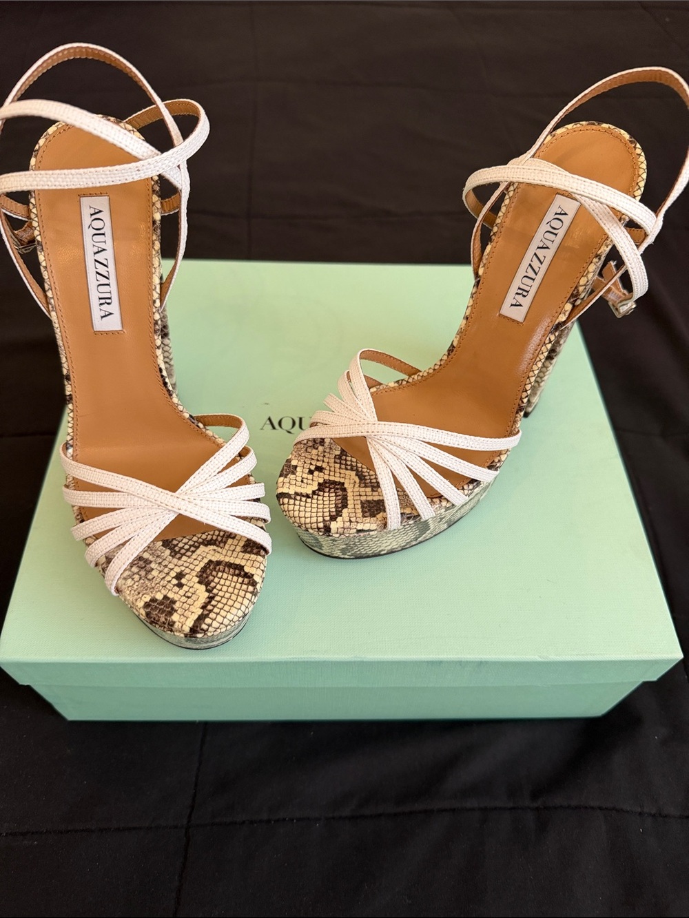 Aquazzura White Strappy Snake-Print Platform Sandals
